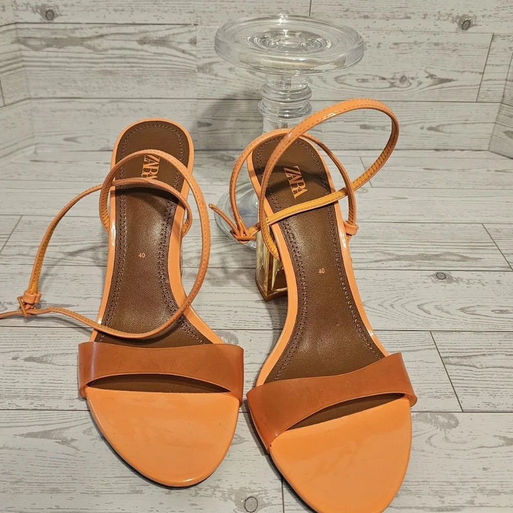 Zara Orange and Brown Leather Strappy Round Toe Sandals - Picture 2 of 8